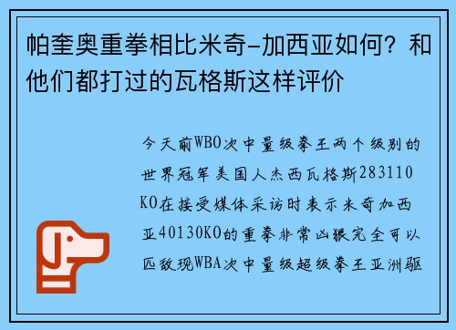 帕奎奥重拳相比米奇-加西亚如何？和他们都打过的瓦格斯这样评价