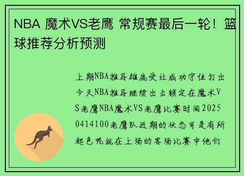 NBA 魔术VS老鹰 常规赛最后一轮！篮球推荐分析预测